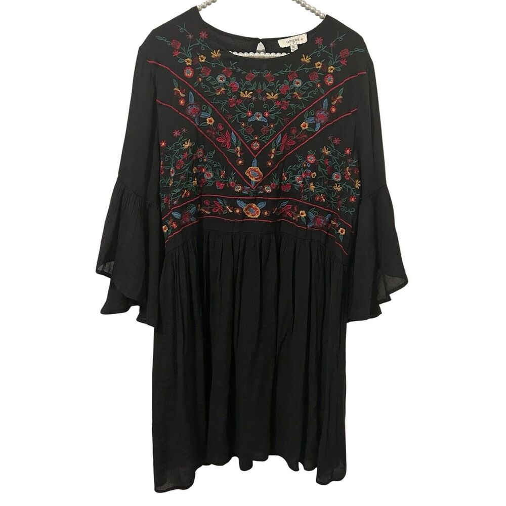 Umgee Boho Mini Dress Women 1XL Black Floral Embroidered Bell‎ Sleeve Festival